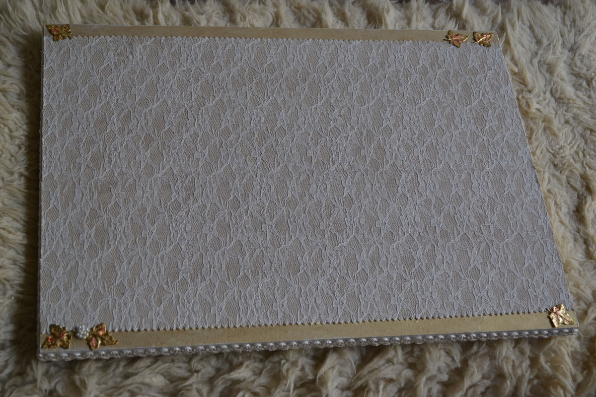 Wooden Handmade Tray Decorated with Lace and Golden Leaves