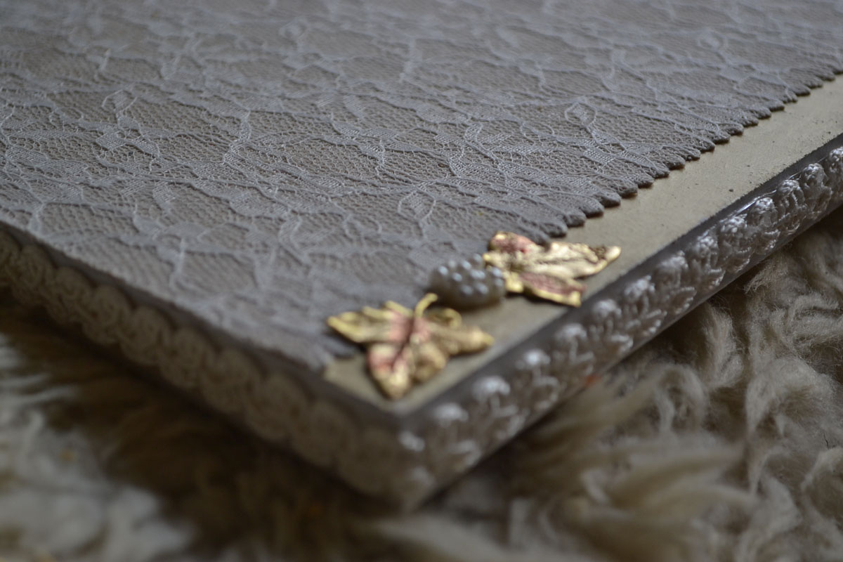 Wooden Handmade Tray Decorated with Lace and Golden Leaves