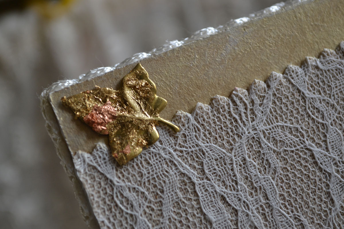 Wooden Handmade Tray Decorated with Lace and Golden Leaves