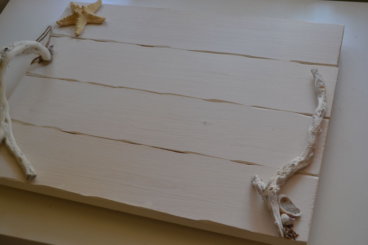 Wooden Handmade Tray Decorated with Driftwood Handles and a Starfish